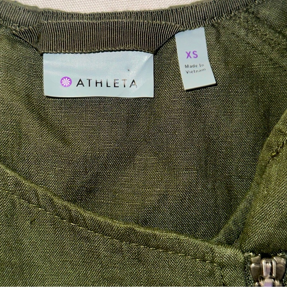 Athleta Linen Vest Top Army Green XS Zip Up Tie Waist Pockets Military Biker - Picture 5 of 8